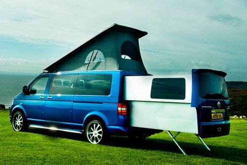 VW Doubleback campervan with the rear extended