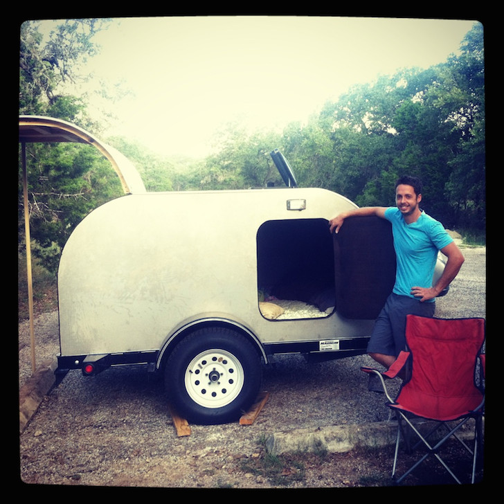 Proud builder and his homemade tear drop camper