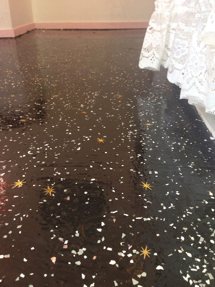 Sparkles and glitter on the floor of a vintage Aljoa trailer