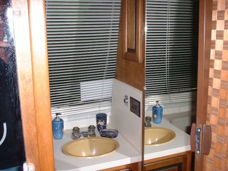 Sink area in the bathroom of a vintage GMC motorhome