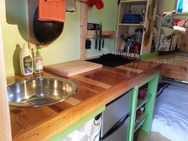 Kitchen countertop inside a tiny home on wheels