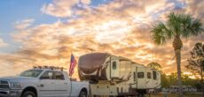 fifth wheel at sunset at Thousand Trails Camping Pass RV park