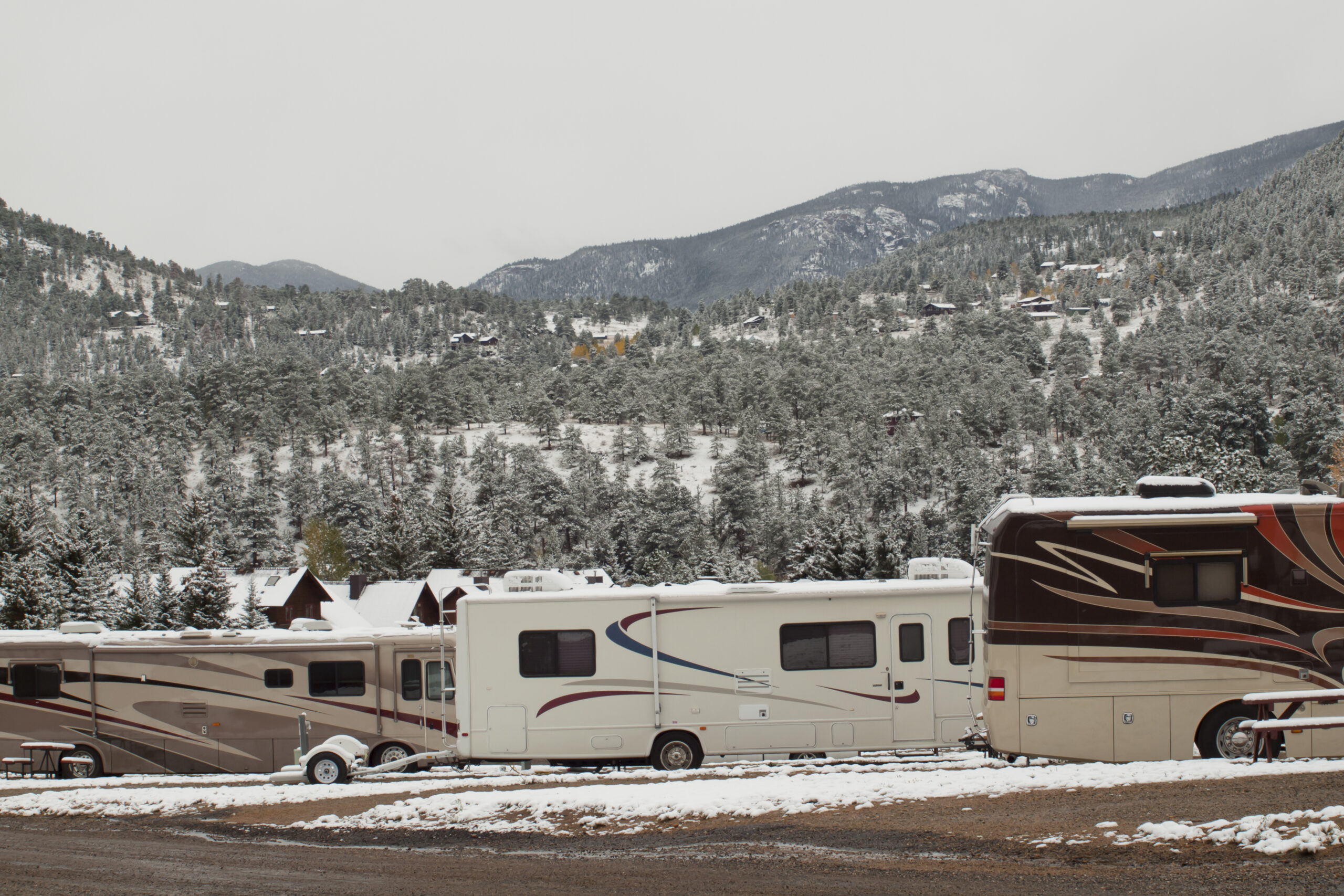 motorhomes in RV park covered in snow - How To Insulate A Camper For Winter Use