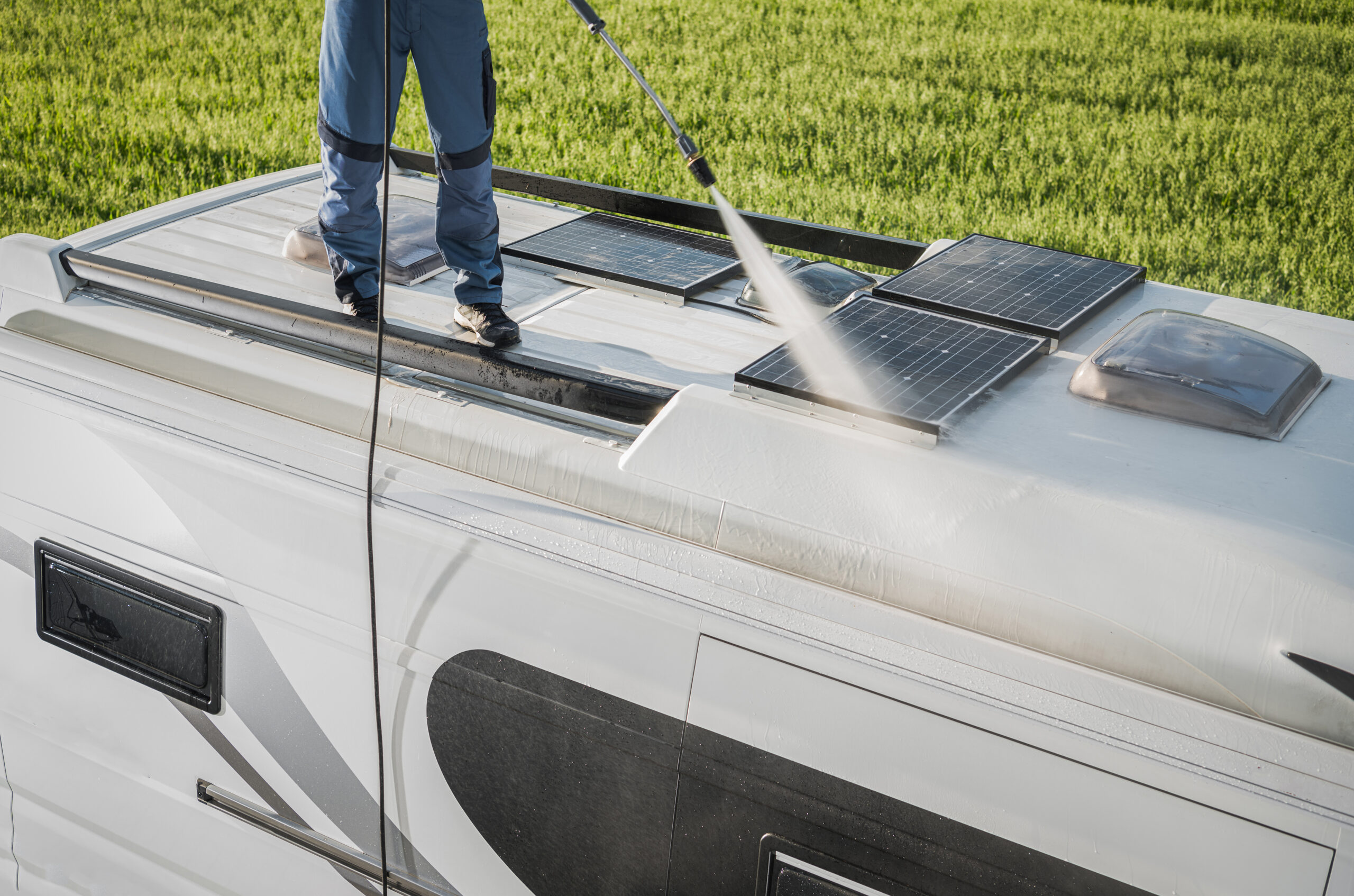 RV pressure washer on roof