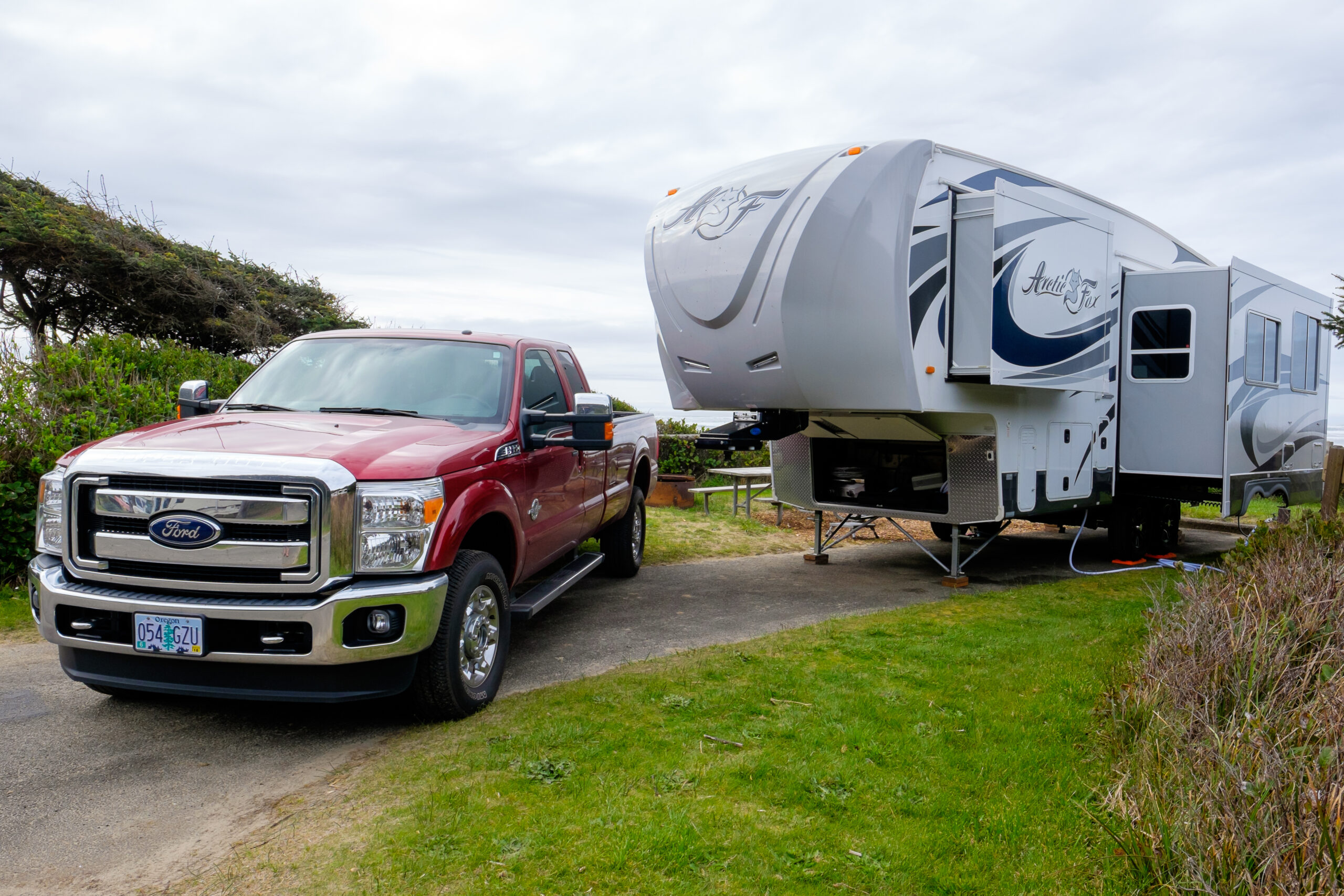 5th wheel towing guide - camper set up at campsite with a truck