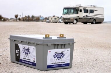 RV batteries in front of motorhome