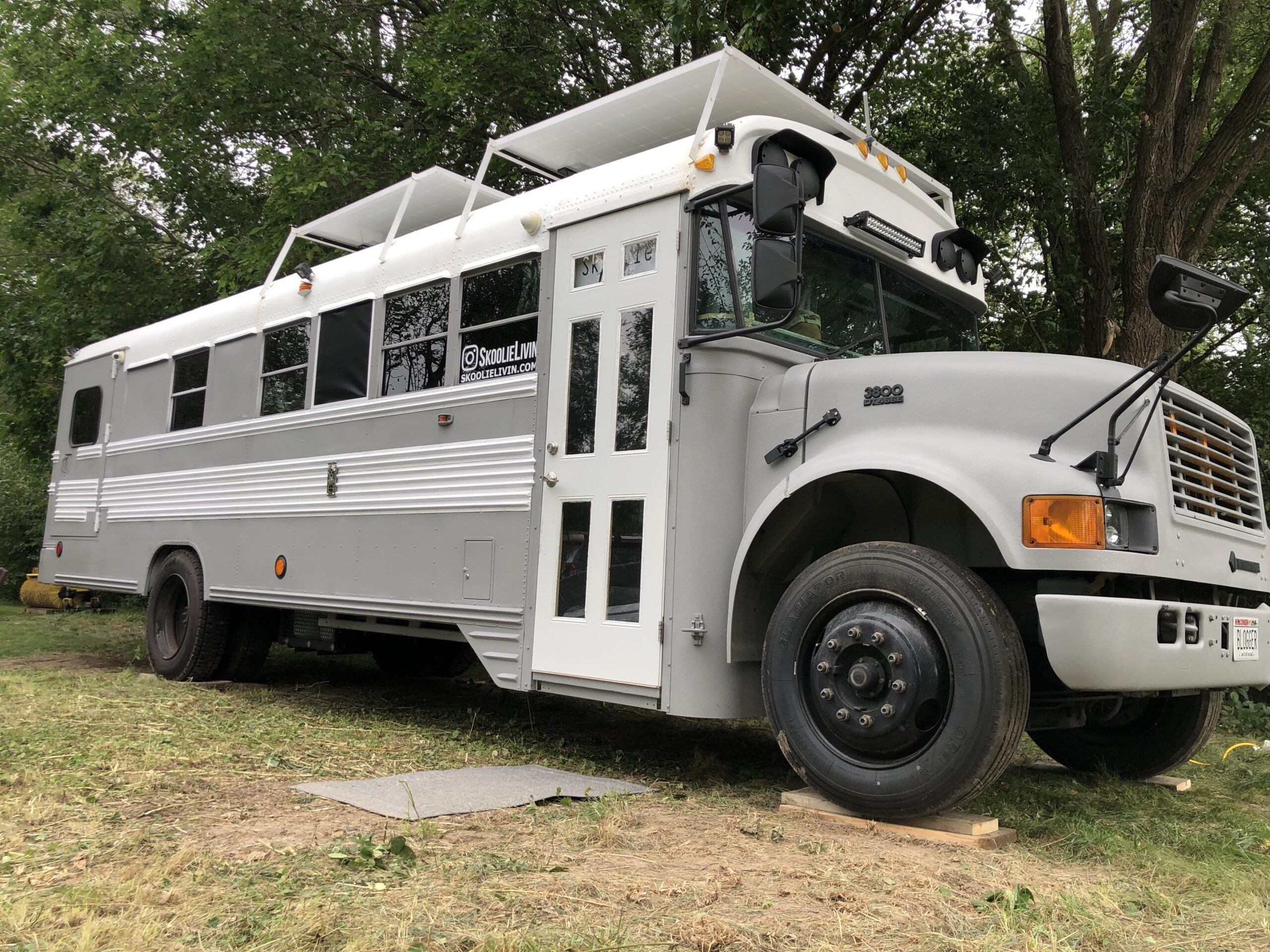 gray skoolie - bus conversion ideas
