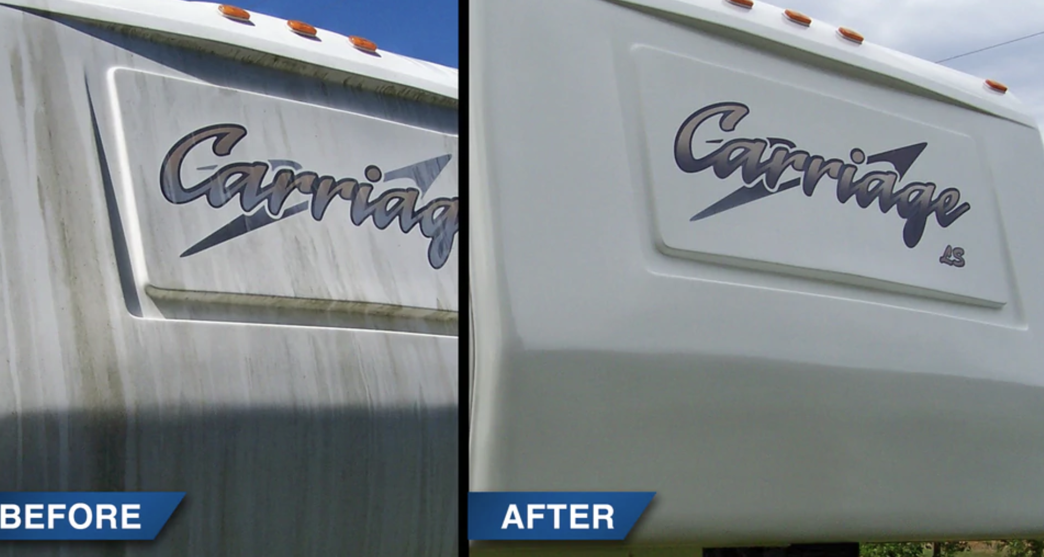 Before and after pictures of an RV 5th wheel with RV oxidation removed.
