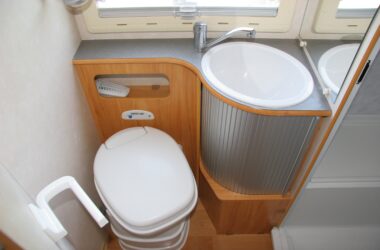 RV bathroom with toilet and sink - feature image for What Can I Use To Unclog My RV Toilet?