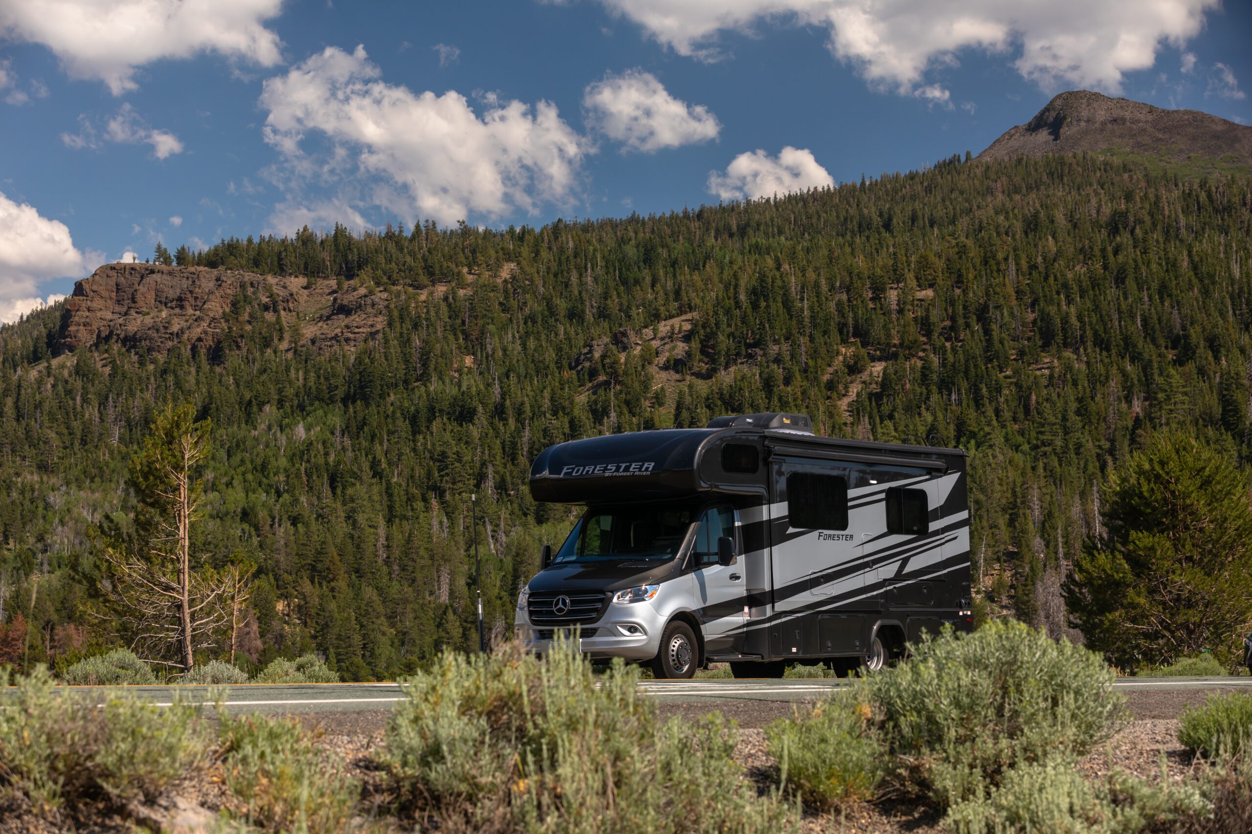 motorhome in front of forested view - feature image for How To Insulate Your RV For Summer