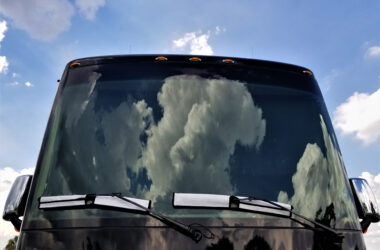 RV windshield on a Class A motorhome - feature image for RV windshield repair