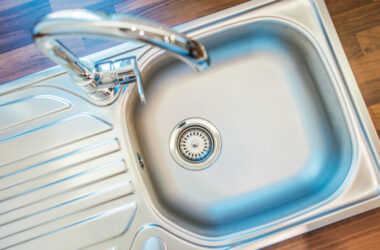 looking down at RV stainless steel sink