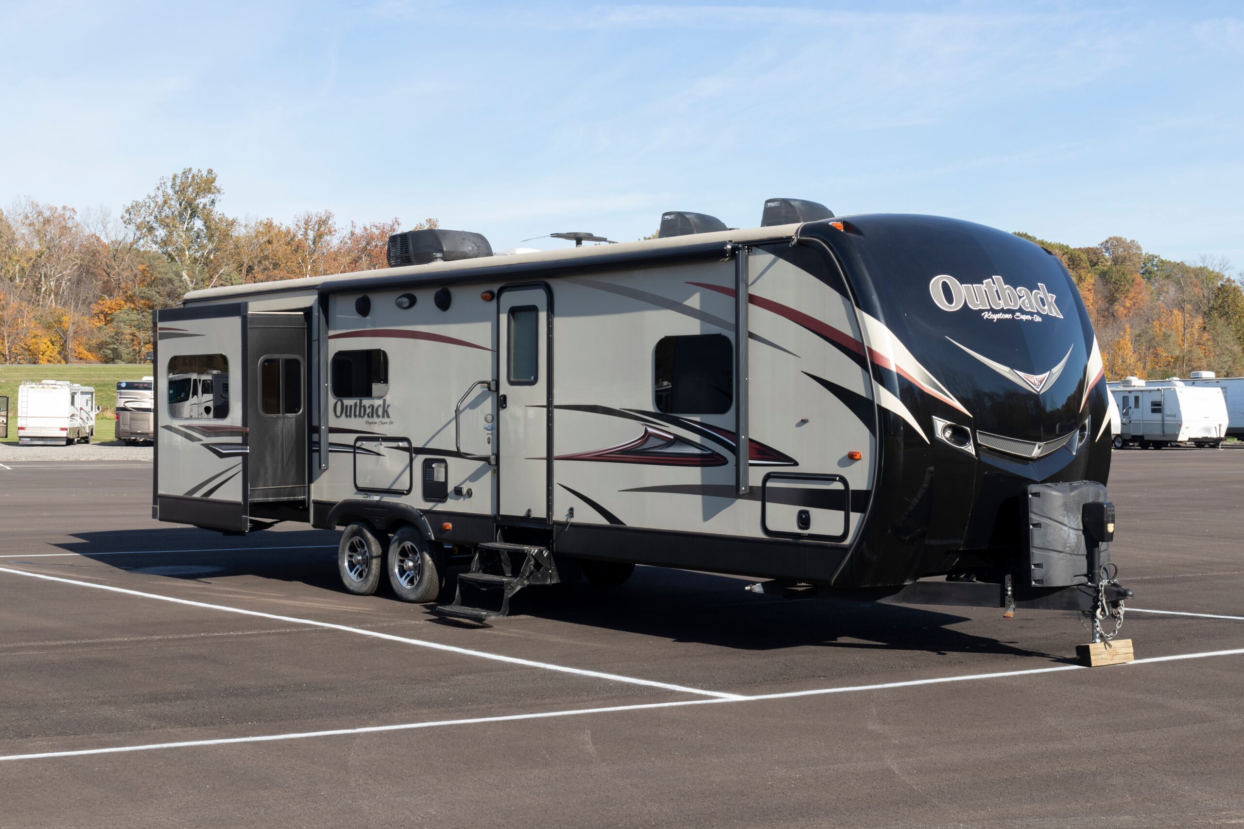 fifth wheel in RV parking lot - feature image for new to RVing tips