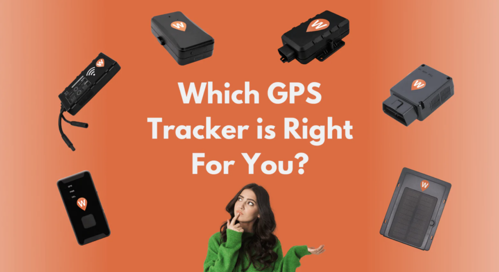 Woman surrounded by a variety of GPS trackers to choose from.