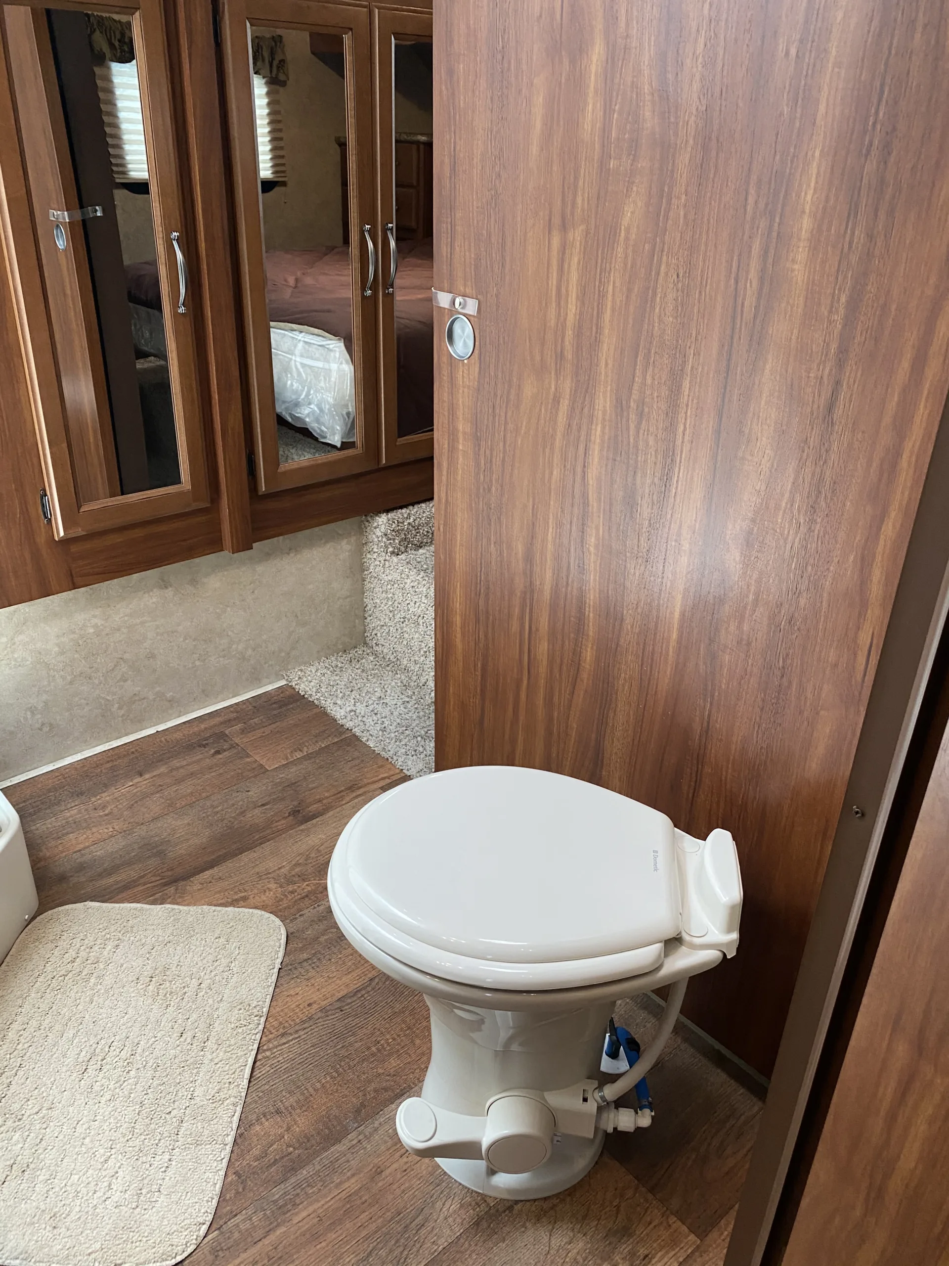 toilet before renovation in fifth wheel camper