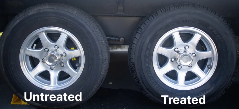 Treated and Untreated picture of RV tires. One was cleaned with Tire & Rubber Cleaner