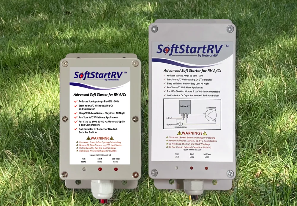 RV softstarter size comparison with side by side versions of old and new size, sitting in the grass.