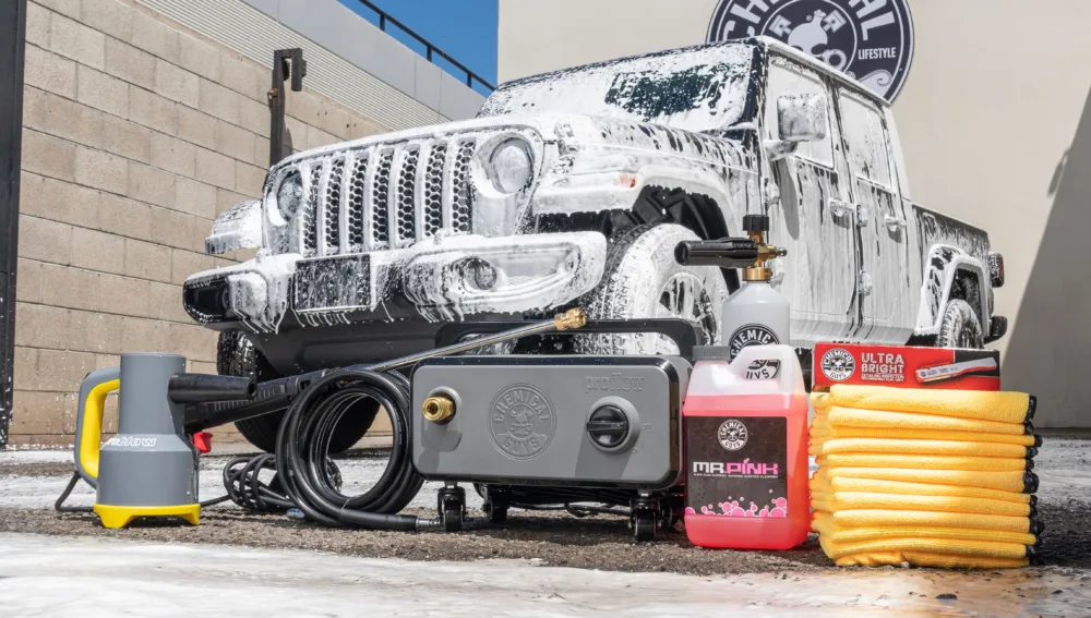 Jeep gladiator covered in foam from the ProFlow RV pressure washer.