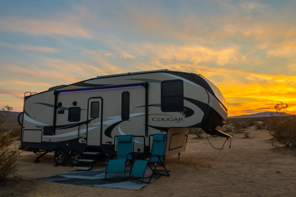 fifth wheel at sunset, feature image for RV upgrades