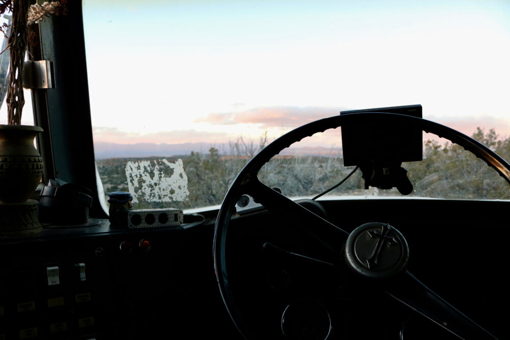 View out of a school bus camper conversion. 