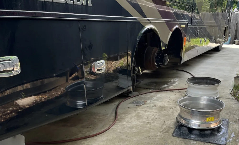 Rear tires removed from a motorhome.