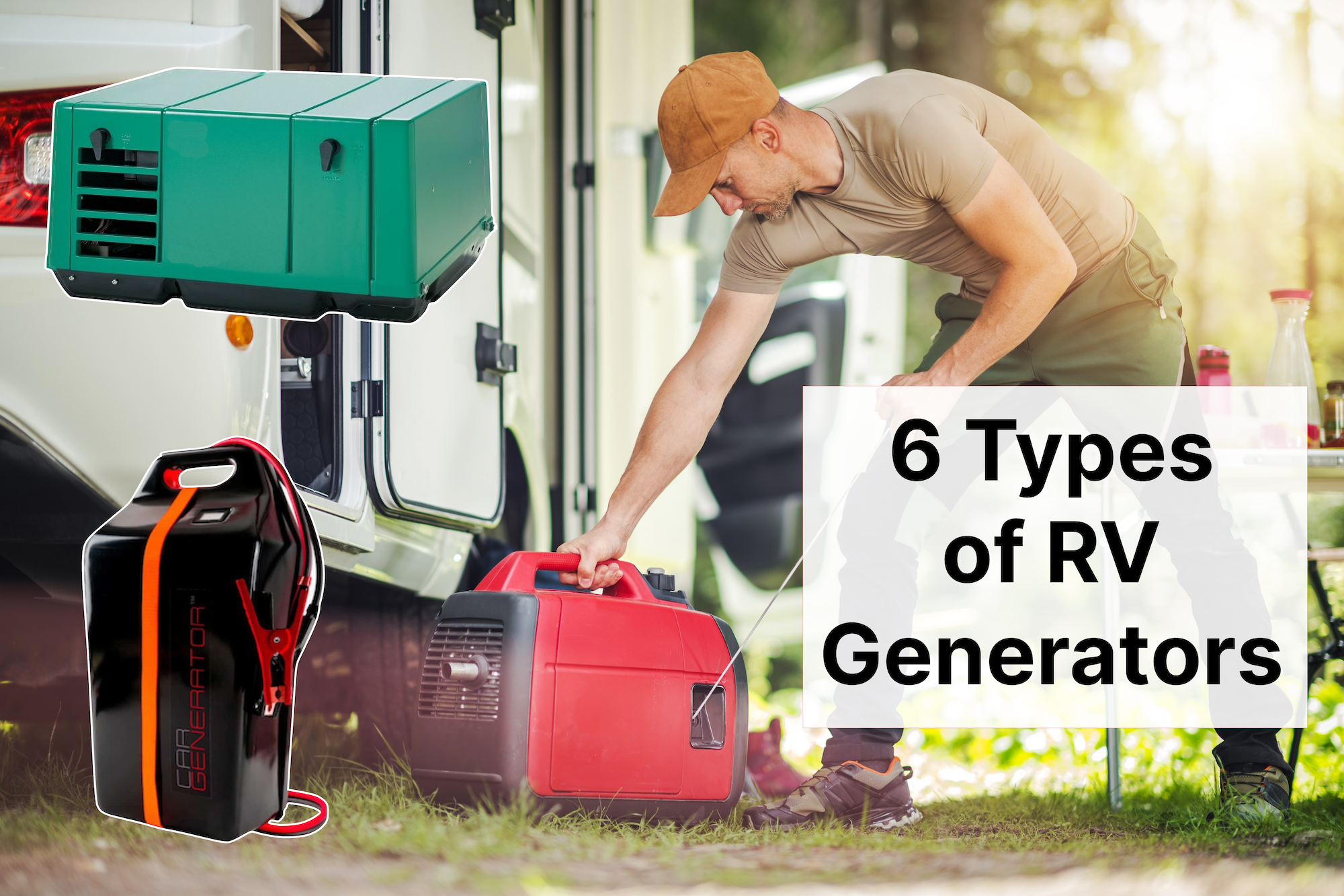 Man tries to start various types of RV generators outside of a small RV