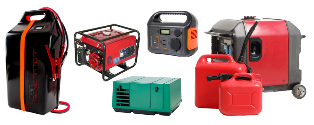 Several types of RV generators arranged on a white background.