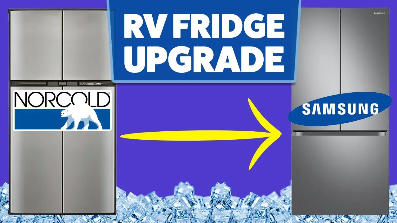 An absorption rv fridge swap staged next to a residential rv fridge.