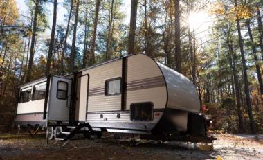 fall camping in a trailer, image for DIY projects
