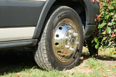 a close up of a tire on a vehicle parked in a field of grass and shrubbery with red flowers in the background