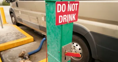 DO NOT DRINK" sign at RV holding tank wastewater dumping station; RV connected and dumping in view