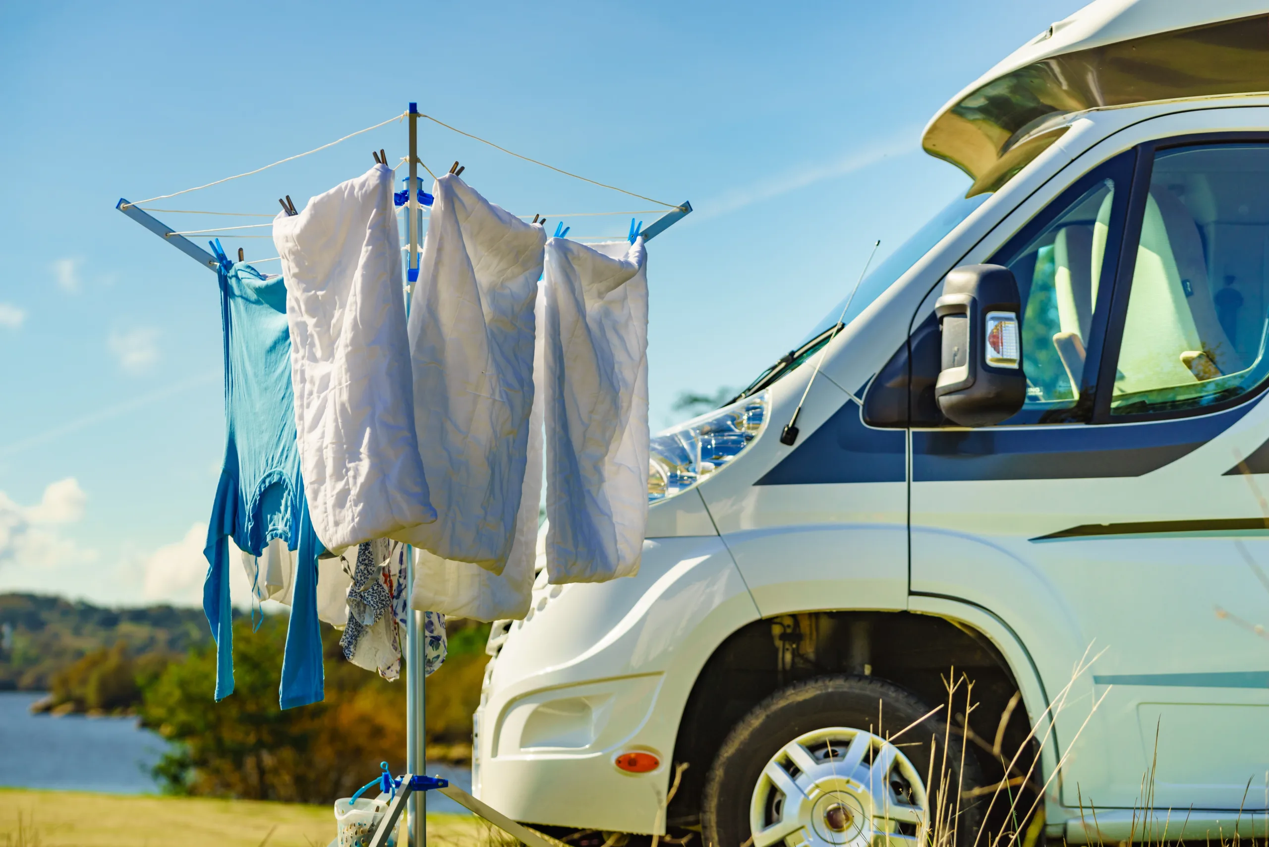 off grid laundry in front of RV