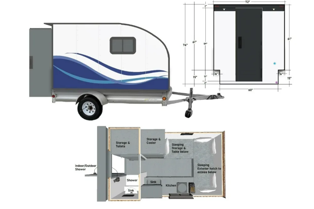 Diagrams of exterior and interior of the green teardrop camper build