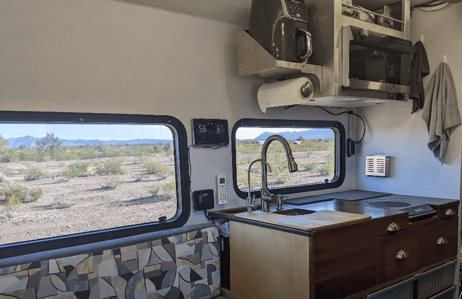 kitchen area of off-road camper build